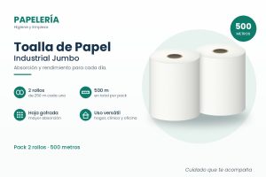 Toalla de papel industrial jumbo, pack de 2 rollos de 250 metros (500 m en total)